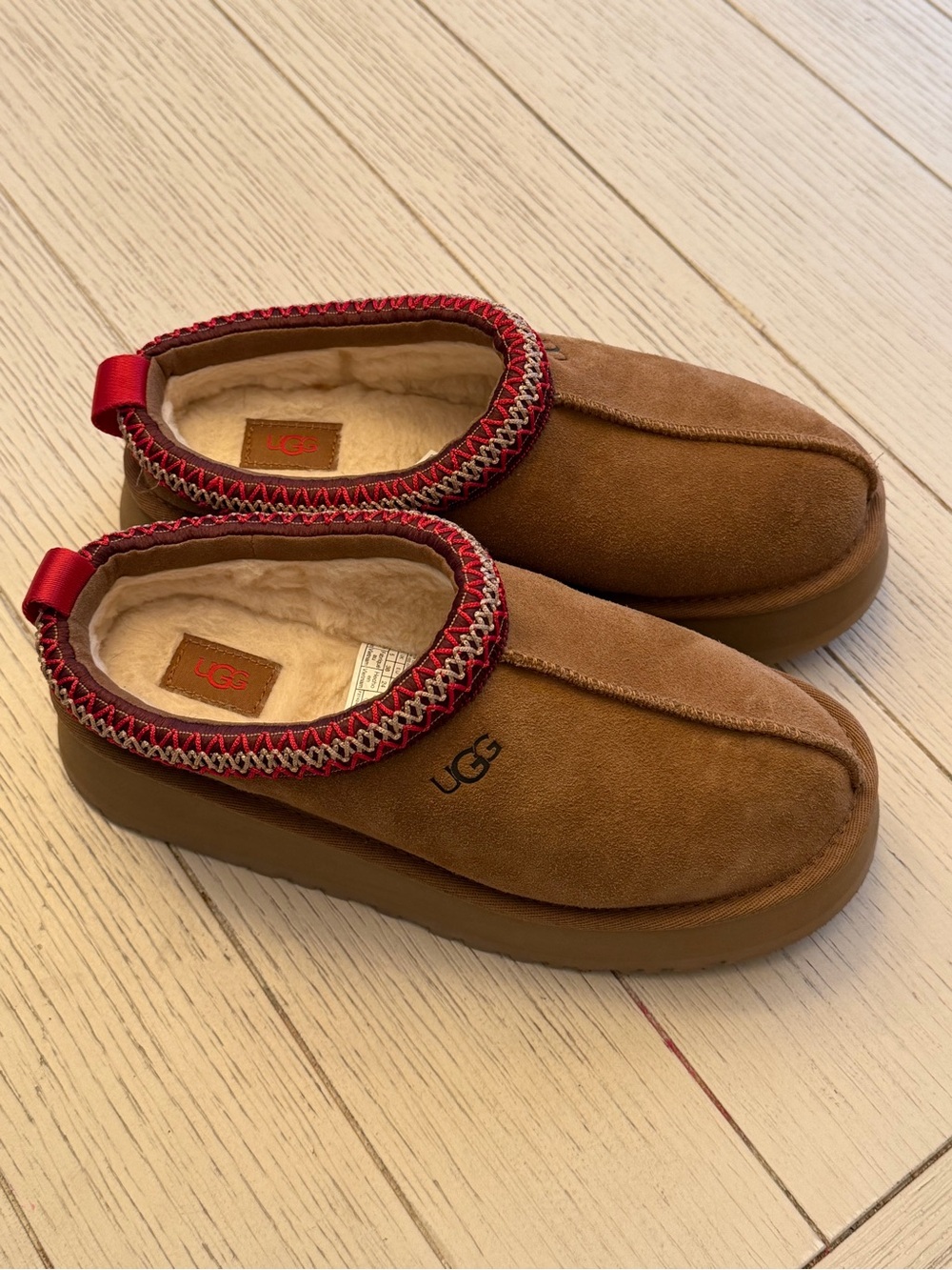 UGG Chestnut Suede Slip-On Clog with Red Trim